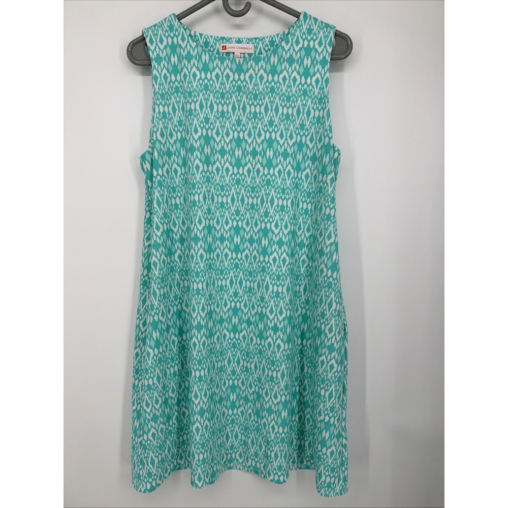 Jude Connally Large Dress Aqua Blue Coastal Stretchy Resort Beachy With Pockets